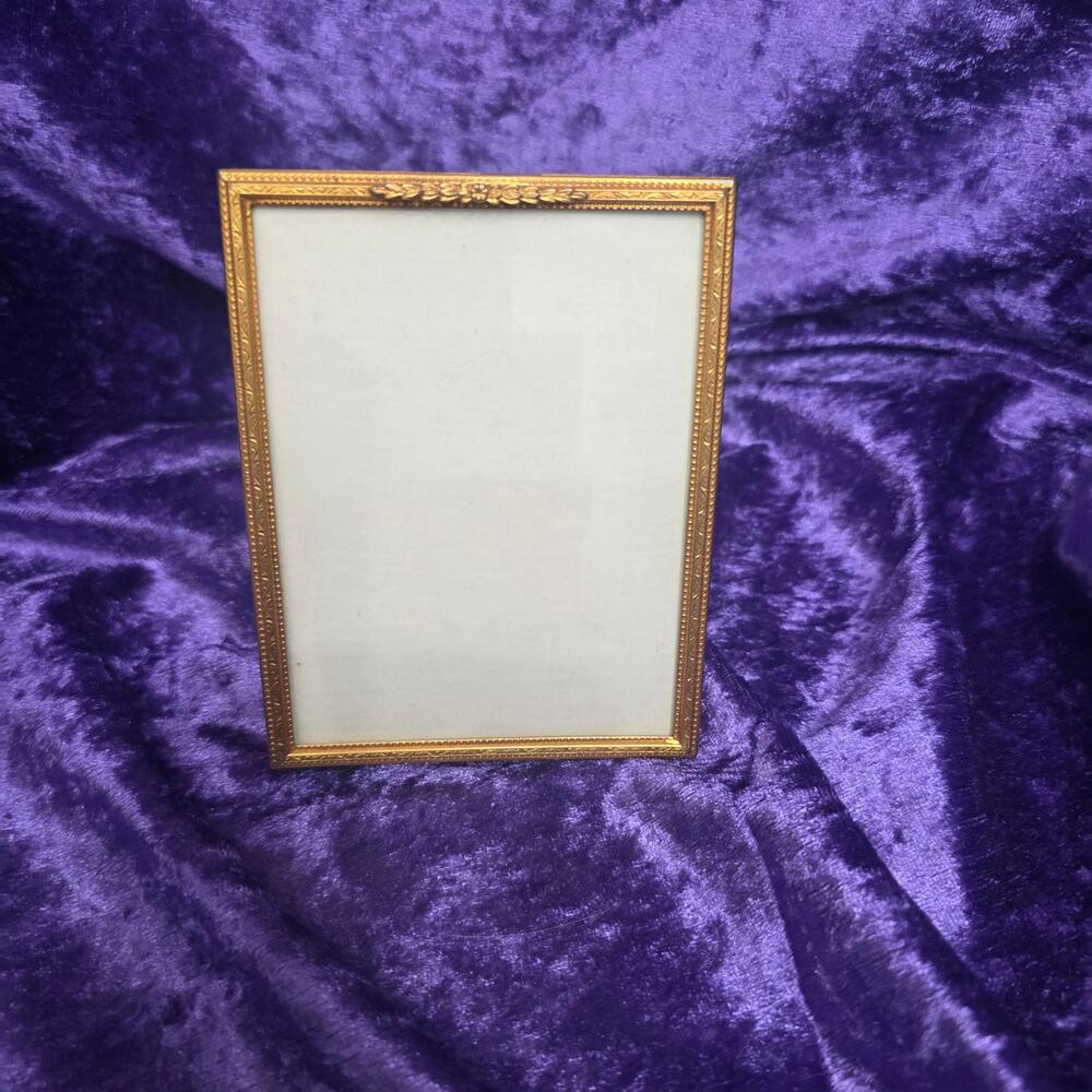 Vintage Gold Plated Picture Frame Ornate Floral Scroll Velvet Easel Back 4.5